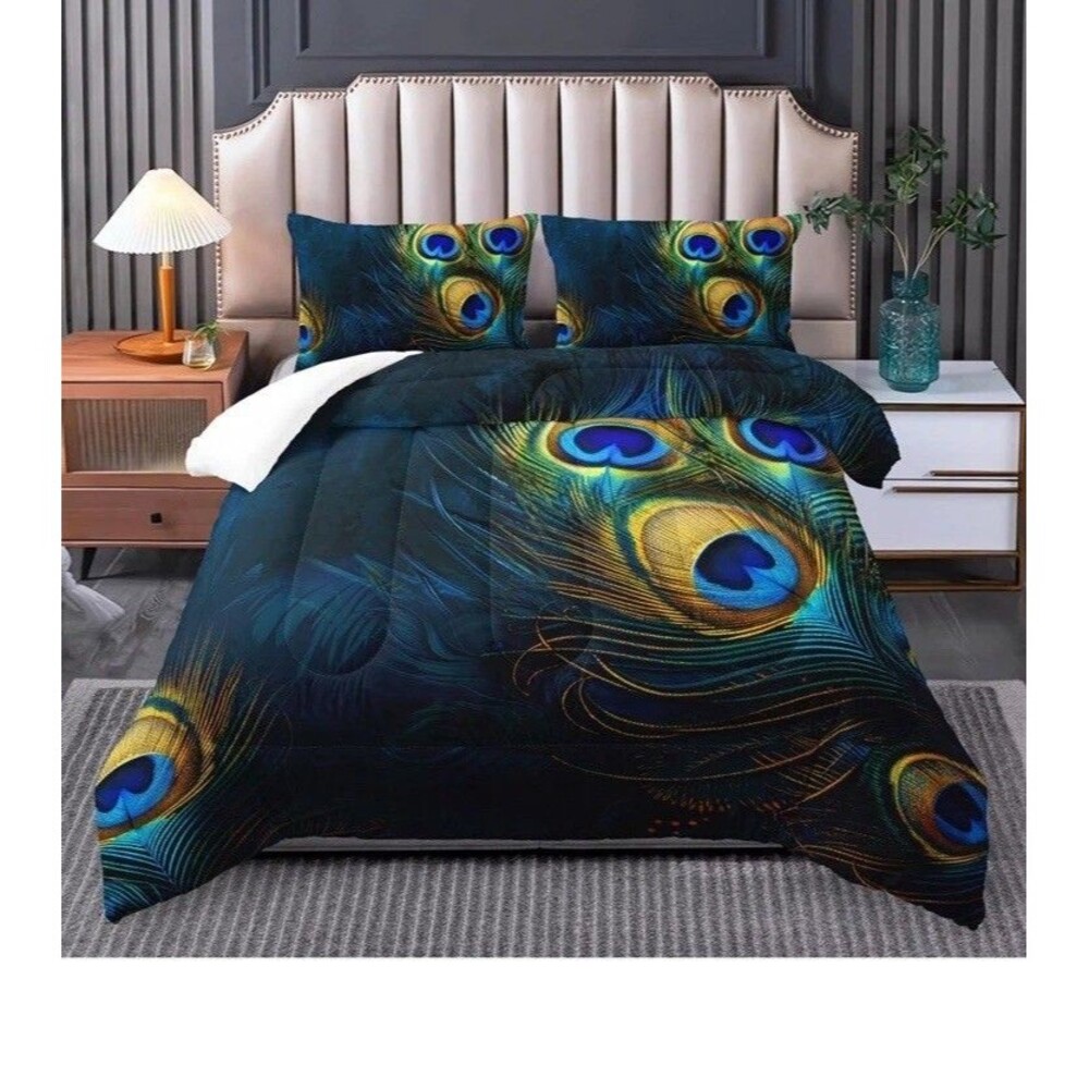 Peacock Feather Print Comforter Set Full/Double Boho Style Bedding Multi
